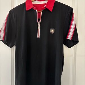 Perry Ellis Black Polo with Red Collar and Striped Sleeve Accents